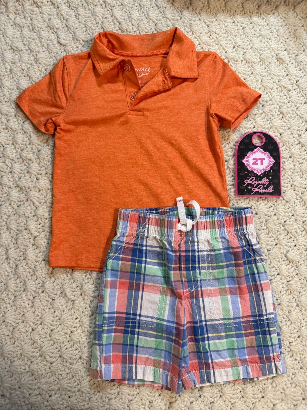 jumping beans Orange Polo with Multicolor Plaid Shorts - 2T